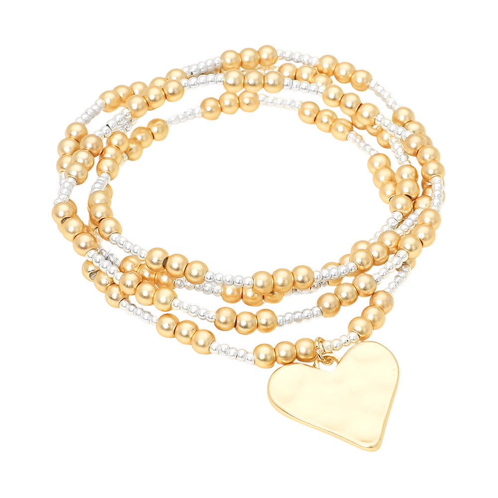 4PCS - Brushed Hammered Metal Heart Plate Charm Accent Metal Ball Beaded Stretch Multi Layered Bracelets
