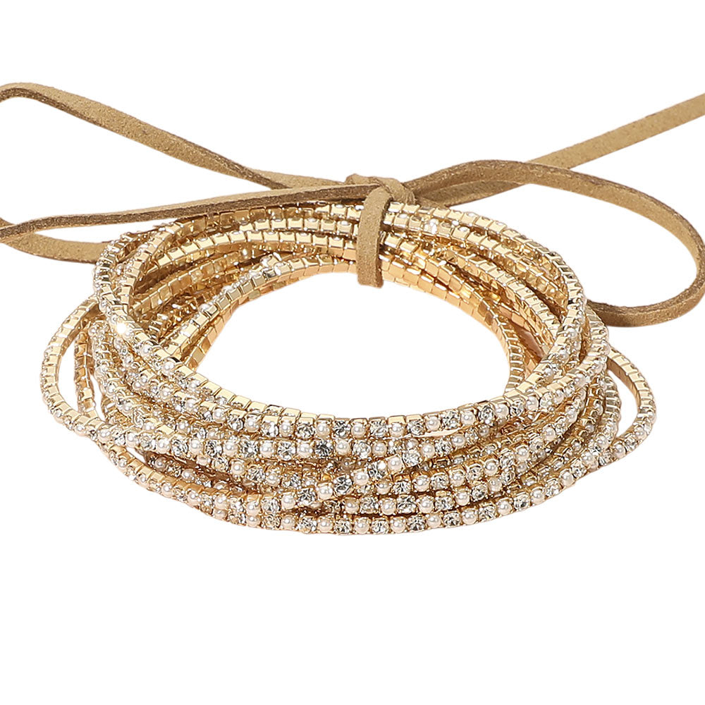 12PCS - Ribbon Colorful Rhinestone Layered Stretch Bracelets
