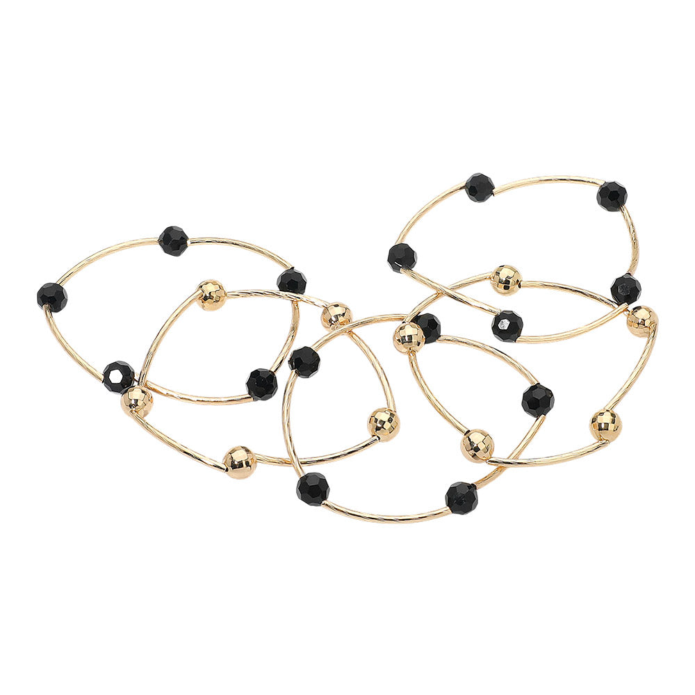 5PCS - Ball Metal Bar Beaded Stretch Multi Layered Bracelets