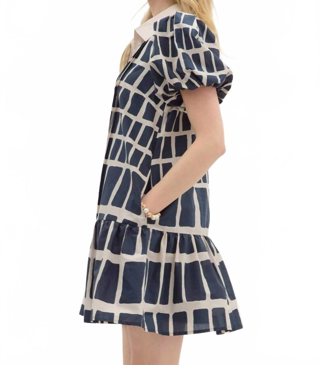 Abstract Print Short Bubble Sleeve Mini Dress In Blue