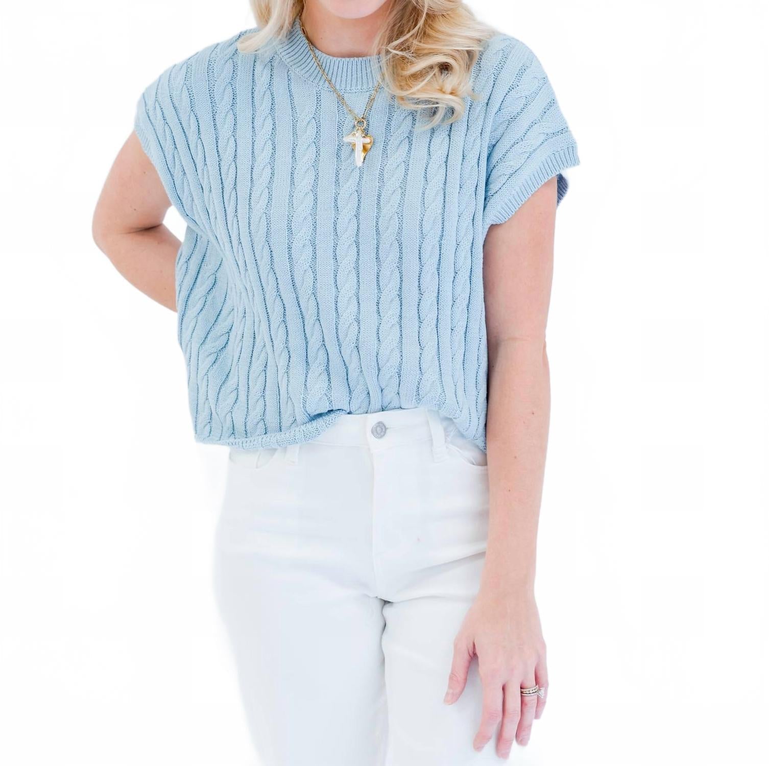 Aliana Sweater Short Sleeve Top In Chambray Blue