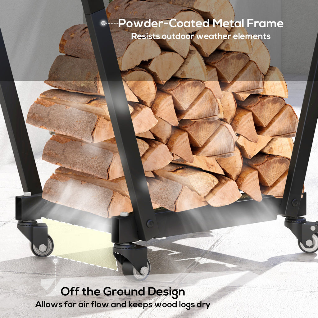 31" Firewood Rack with Wheels and Hooks for Tools & Kindling