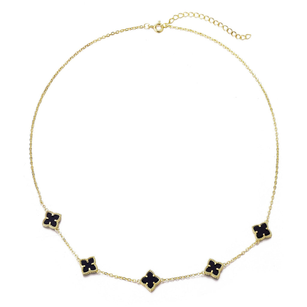 14k Gold Plated Black Floral Station Necklace
