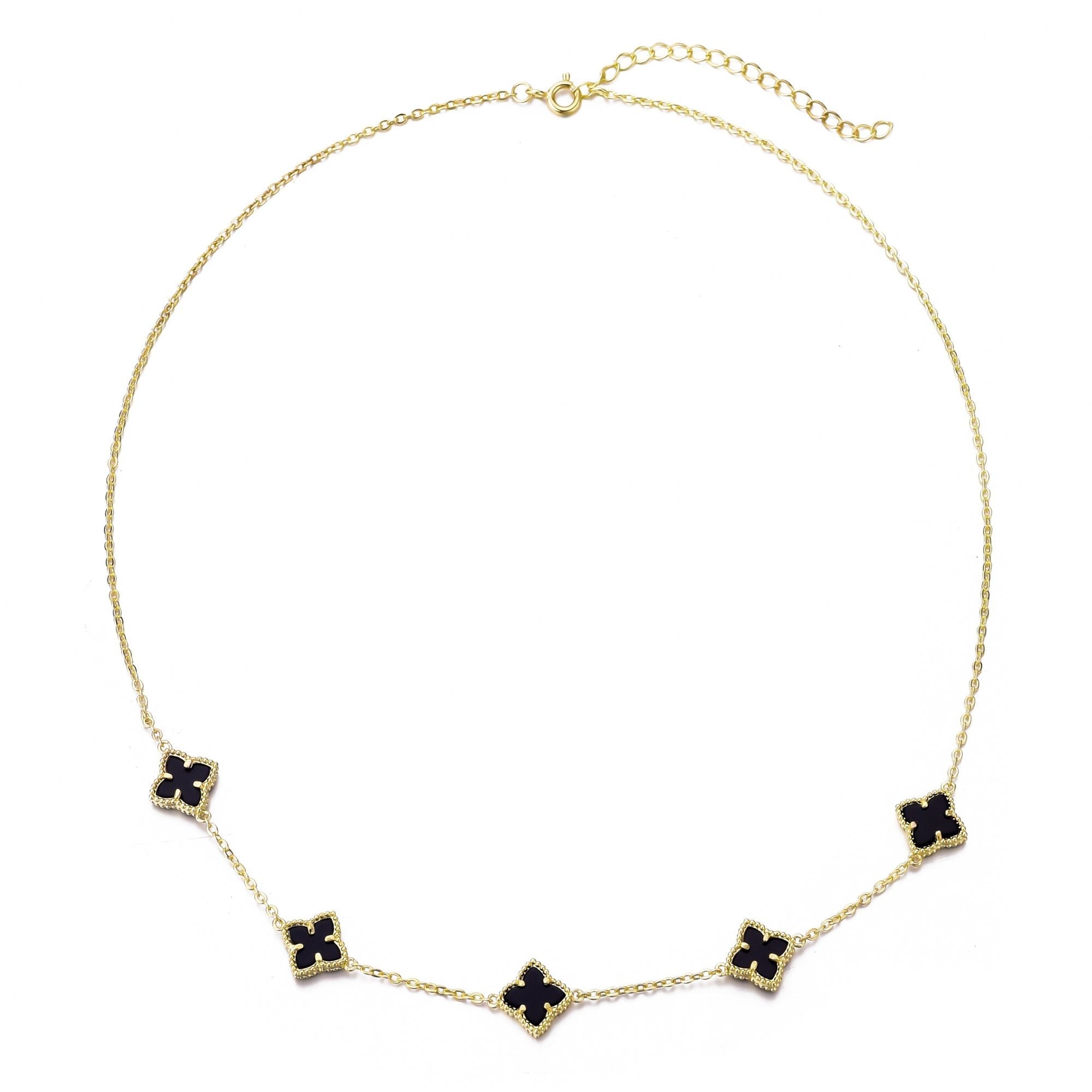 14k Gold Plated Black Floral Station Necklace