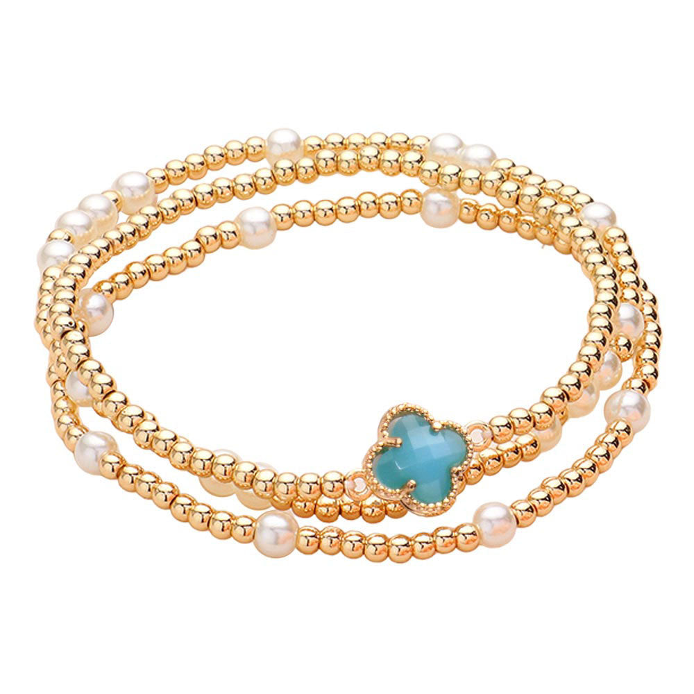 3PCS - Quatrefoil Pointed Pearl Metal Ball Beaded Stretch Multi Layered Bracelets