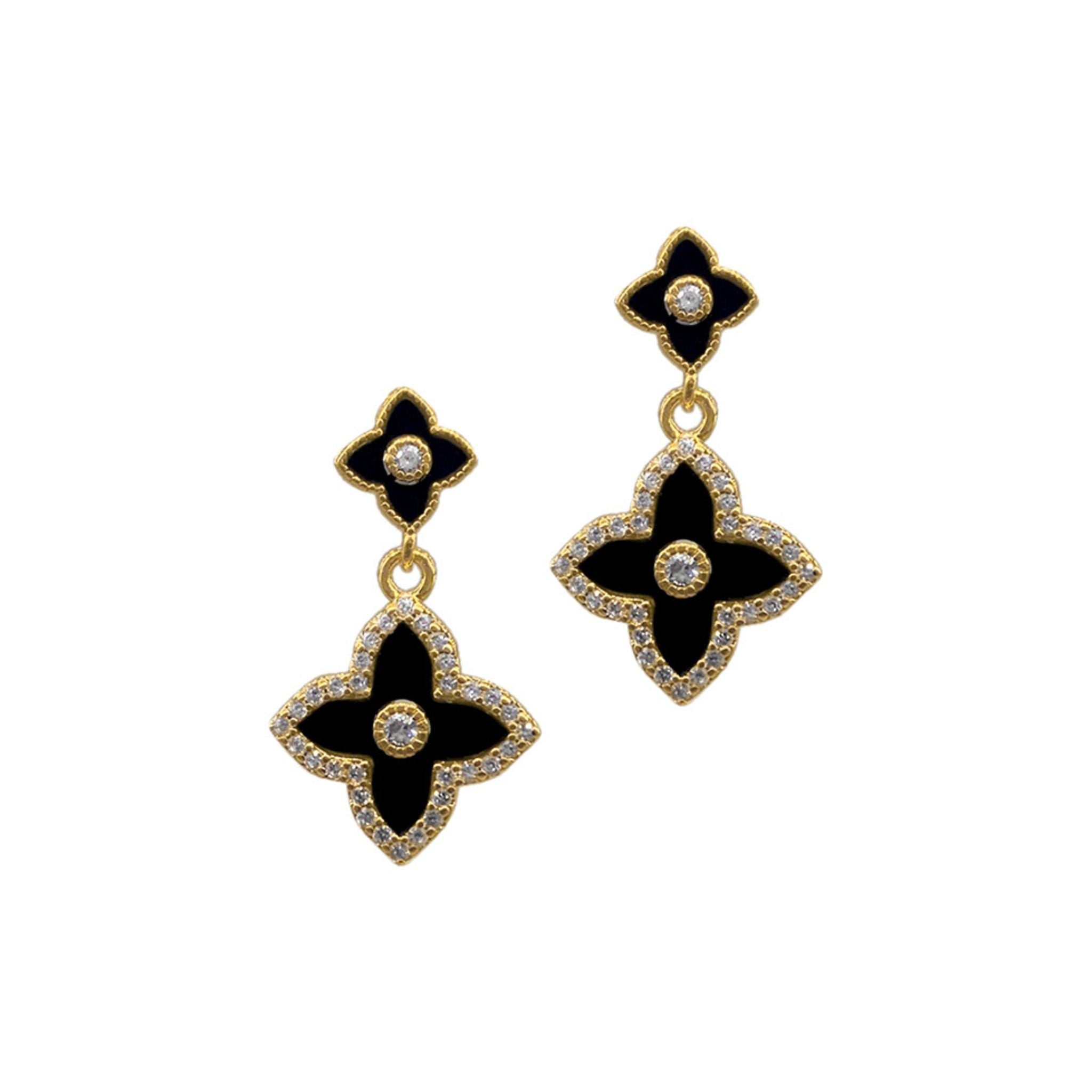 14k Gold Plated Black Clover Drop Earrings