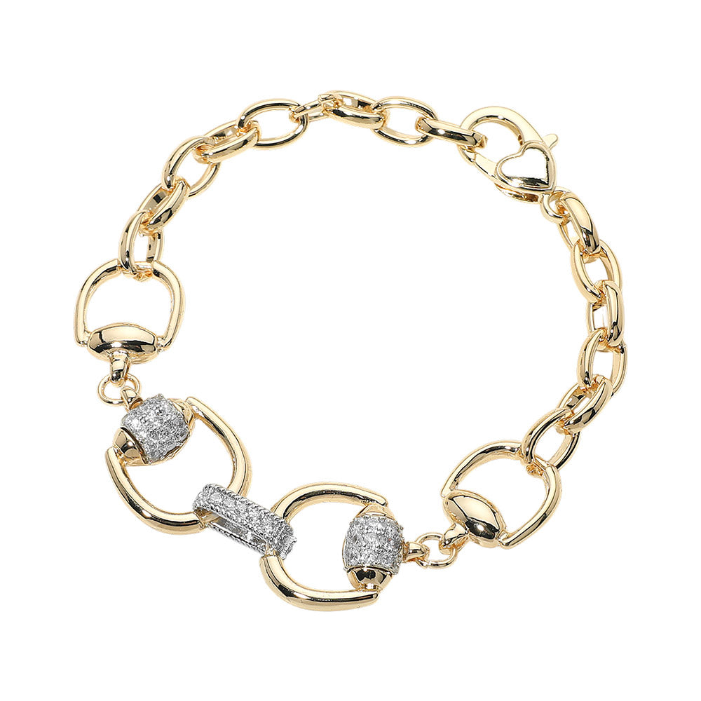 14K Gold Plated Two Tone CZ Pave Link Bar Horsebit Link Bracelet