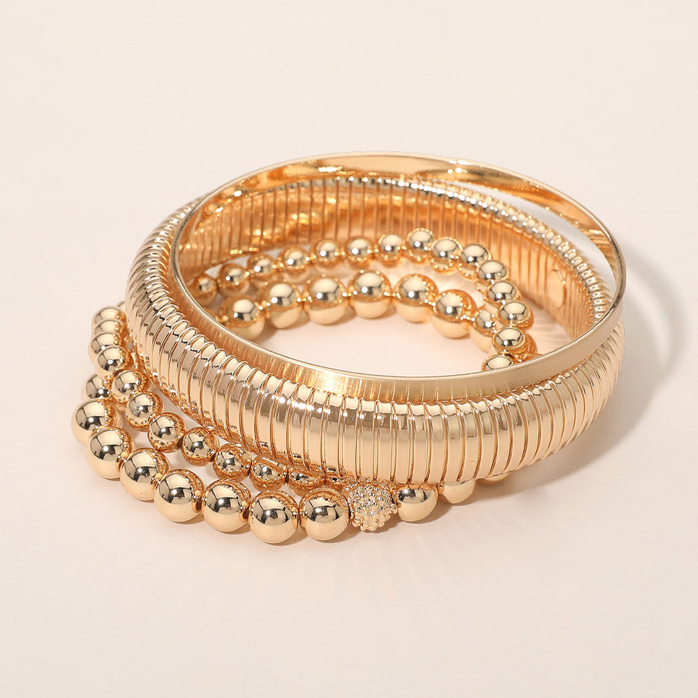 4PCS - Metal Ball Beaded Stretch Ribbed Bangle Multi Layered Bracelets
