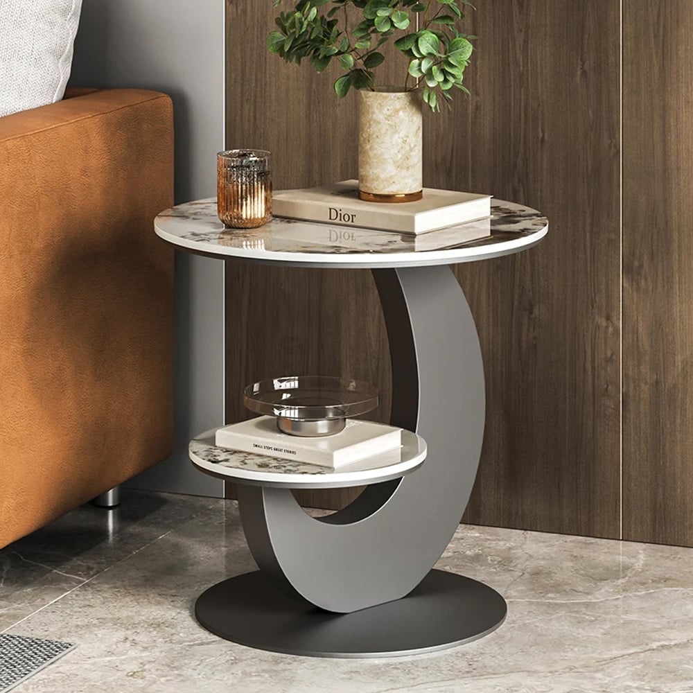 20" Round Sintered Stone 2-Tier Gold Moon-Shaped Side Table