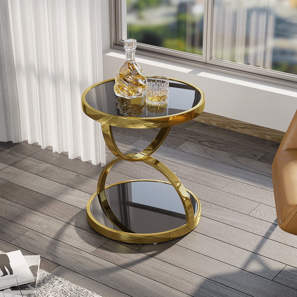 20" Round Tempered Glass Gold Side Table