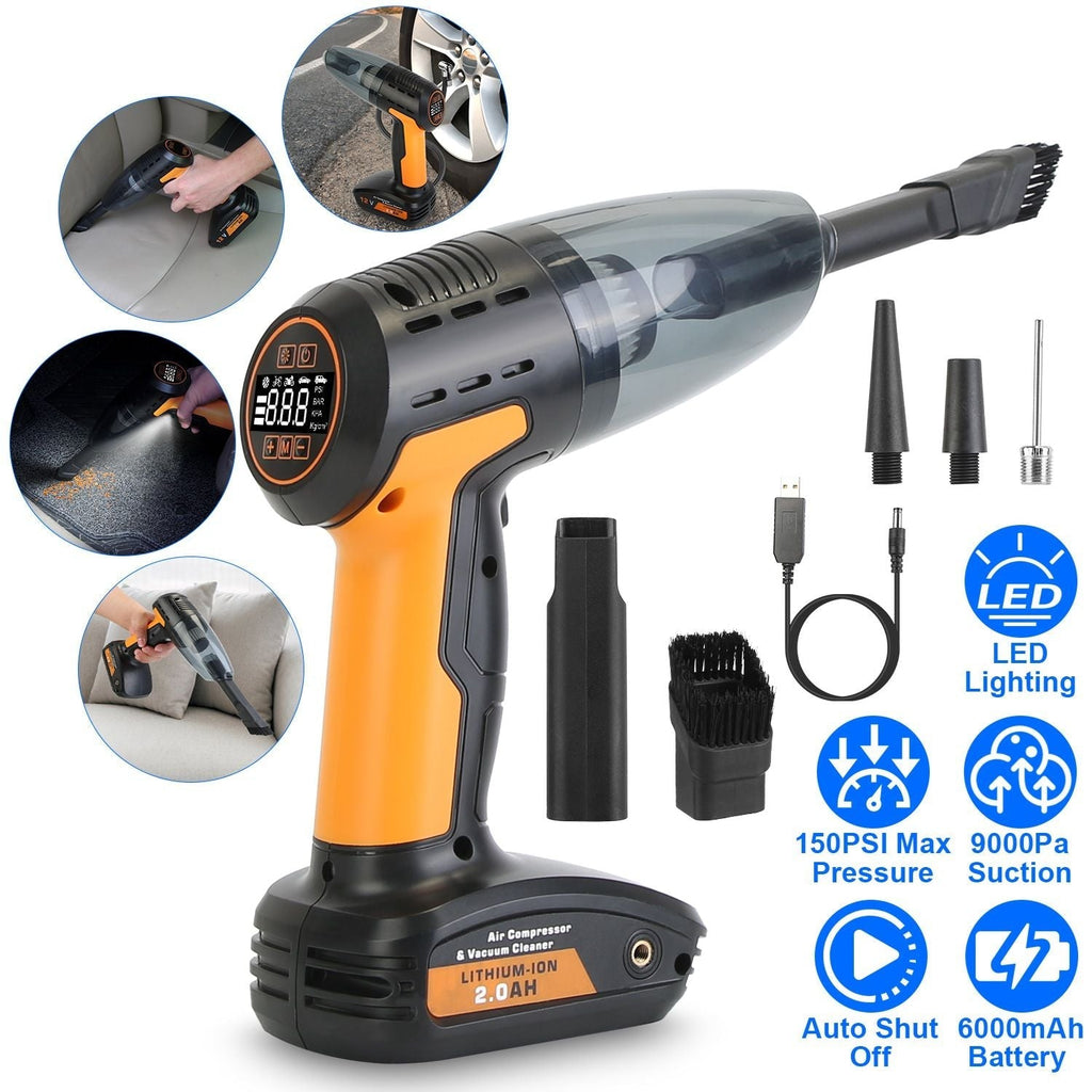 4-in-1 Cordless Car Vacuum & 150PSI Tire Inflator: Rechargeable, Digital Display, LED Light, Essential Car Accessory