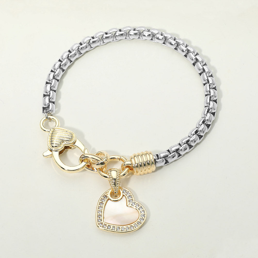 14K Gold Plated Two Tone CZ Rim Mother of Pearl Heart Charm Bracelet