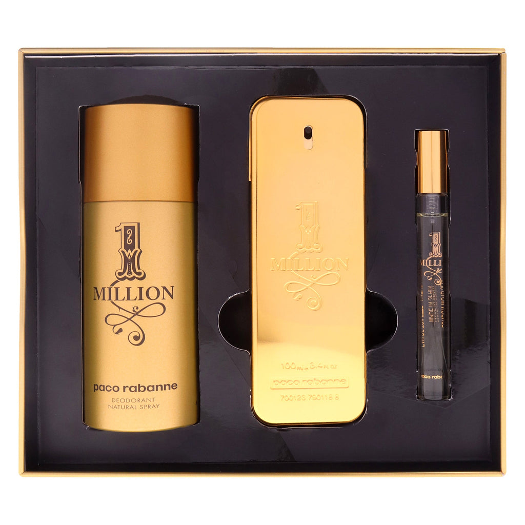 1 Million by Paco Rabanne for Men - 3 Pc Gift Set 3.4oz EDT Spray, 0.34oz EDT Spray (Mini), 5.1oz Deodrant Spray
