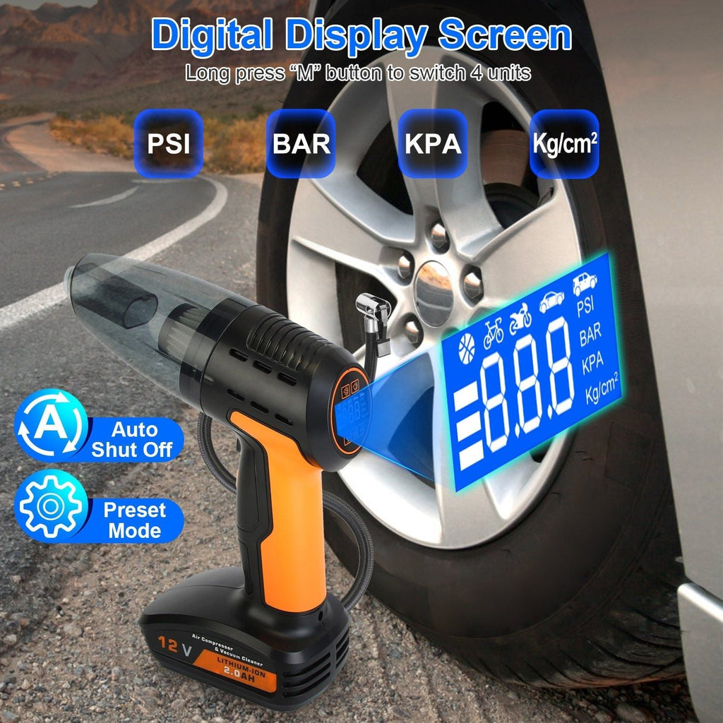 4-in-1 Cordless Car Vacuum & 150PSI Tire Inflator: Rechargeable, Digital Display, LED Light, Essential Car Accessory