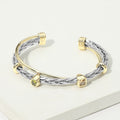 14K Gold Plated Two Tone Round Square CZ Bezel Accent Braided Cuff Bracelet