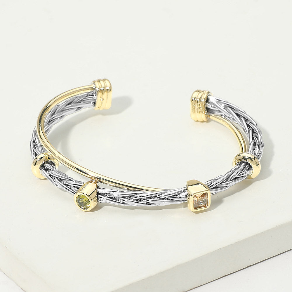 14K Gold Plated Two Tone Round Square CZ Bezel Accent Braided Cuff Bracelet