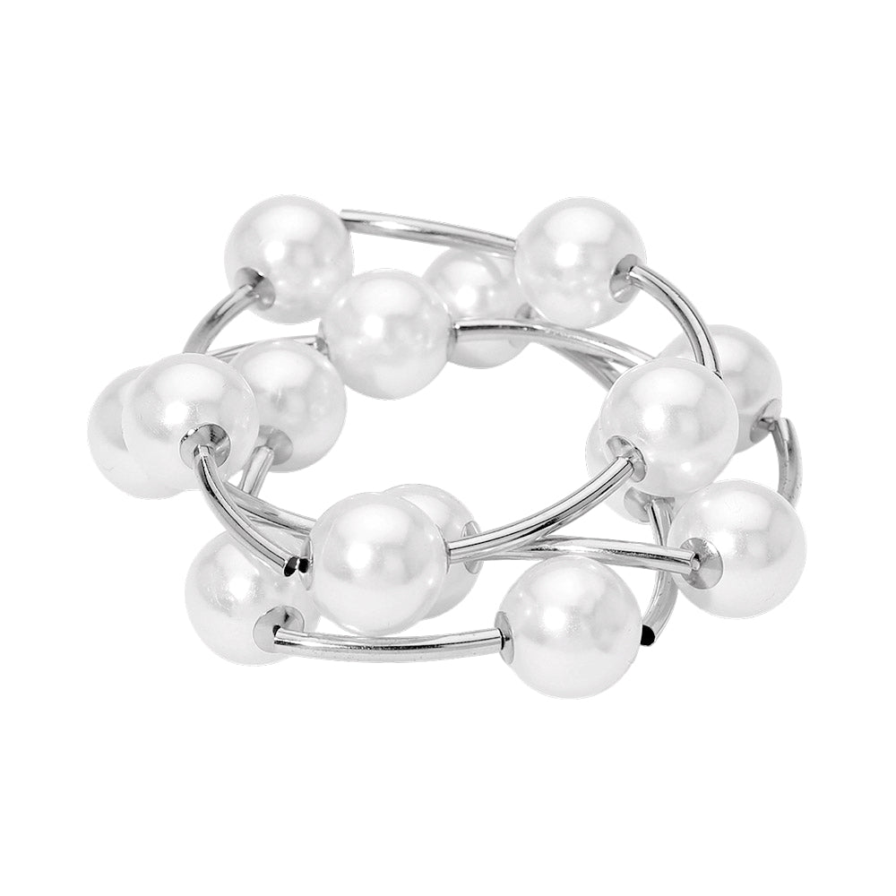 3PCS - Pearl Ball and Bar Beaded Stretch Multi Layered Bracelets