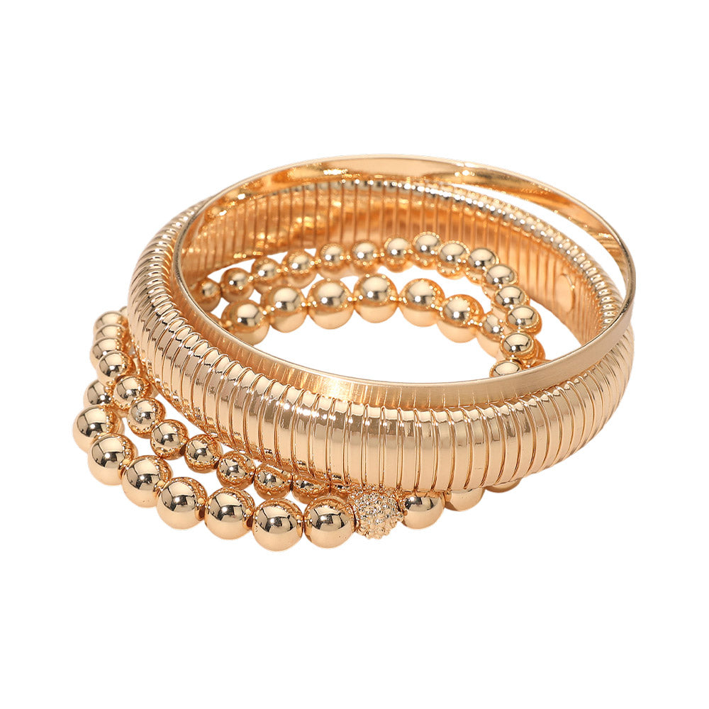 4PCS - Metal Ball Beaded Stretch Ribbed Bangle Multi Layered Bracelets