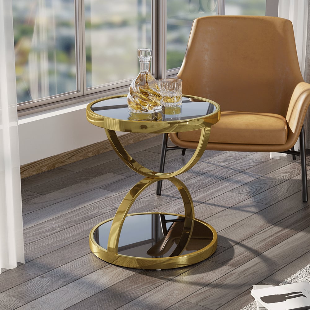 20" Round Tempered Glass Gold Side Table