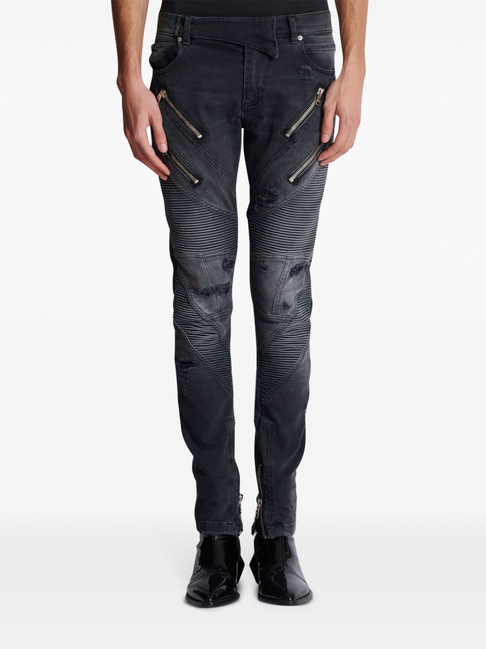 Anthracite Grey Stretch-Cotton Distressed Panelled Trousers