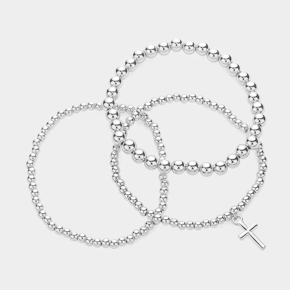 3PCS - Metal Cross Charm Pointed Metal Ball Beaded Stretch Multi Layered Bracelets