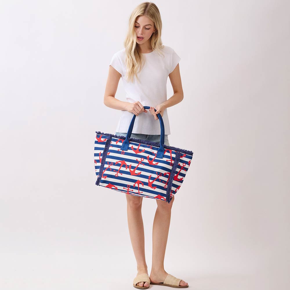 Anchor Pattern Stripe Fringe Trim Shoulder Tote Bag