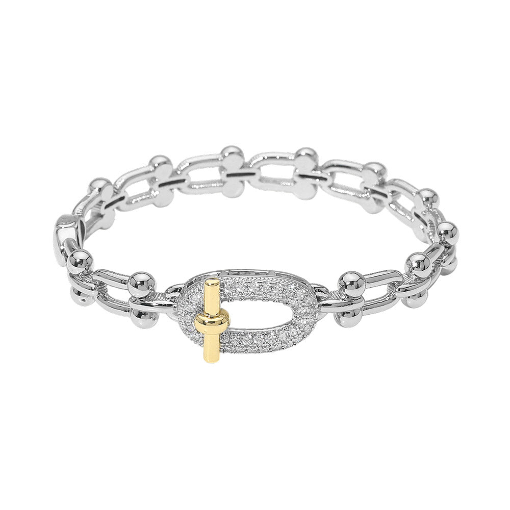 14K Gold Plated Two Tone CZ Pavel Oval Accent Industrial Link Hinged Bangle Bracelet