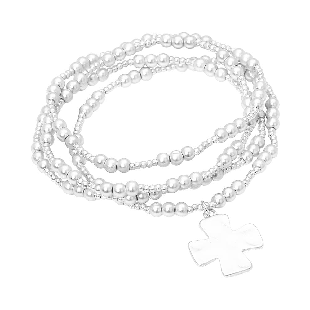 4PCS - Brushed Hammered Metal Cross Plate Charm Accent Metal Ball Beaded Stretch Multi Layered Bracelets