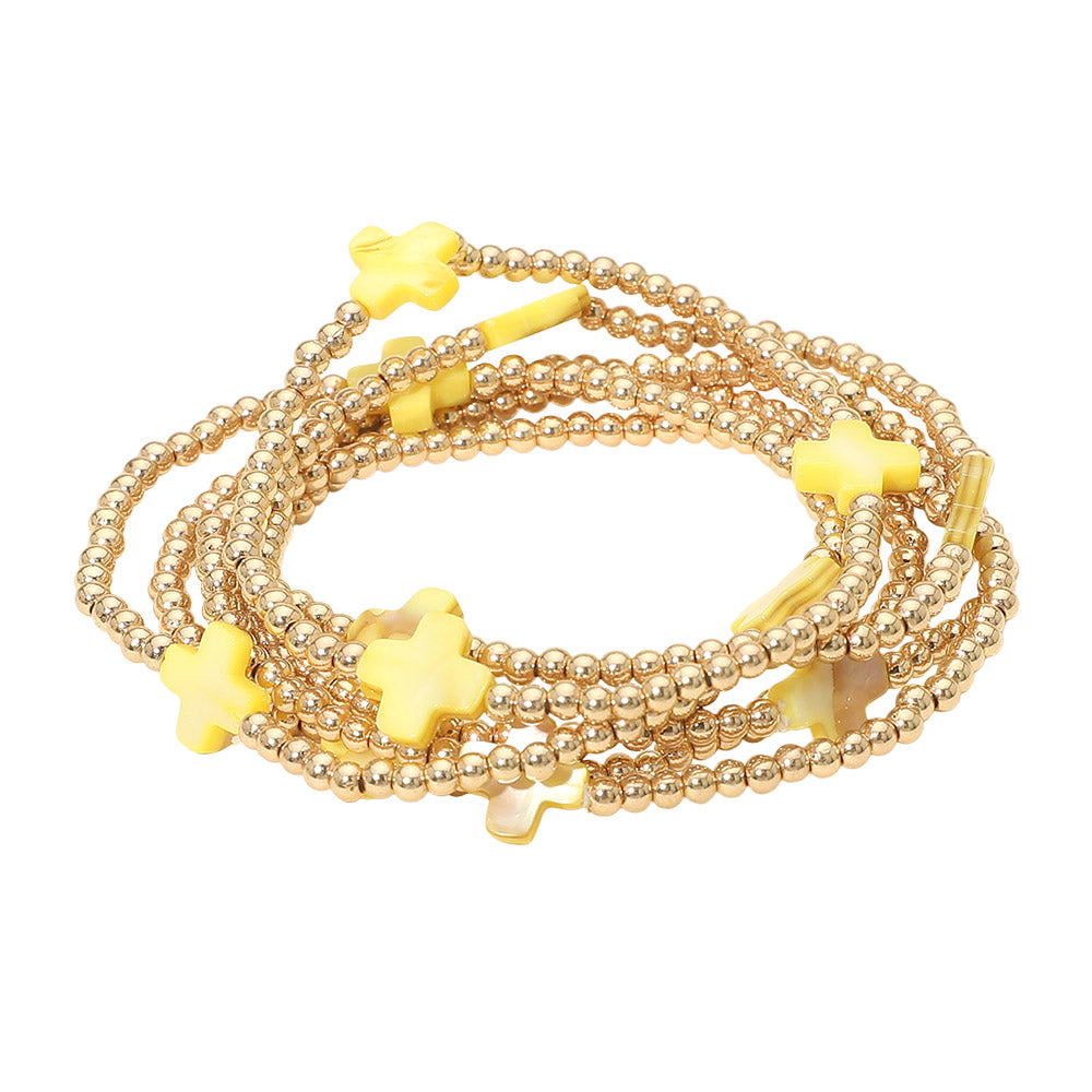 6PCS - Cross Charm Metal Ball Beaded Stretch Multi Layered Bracelets