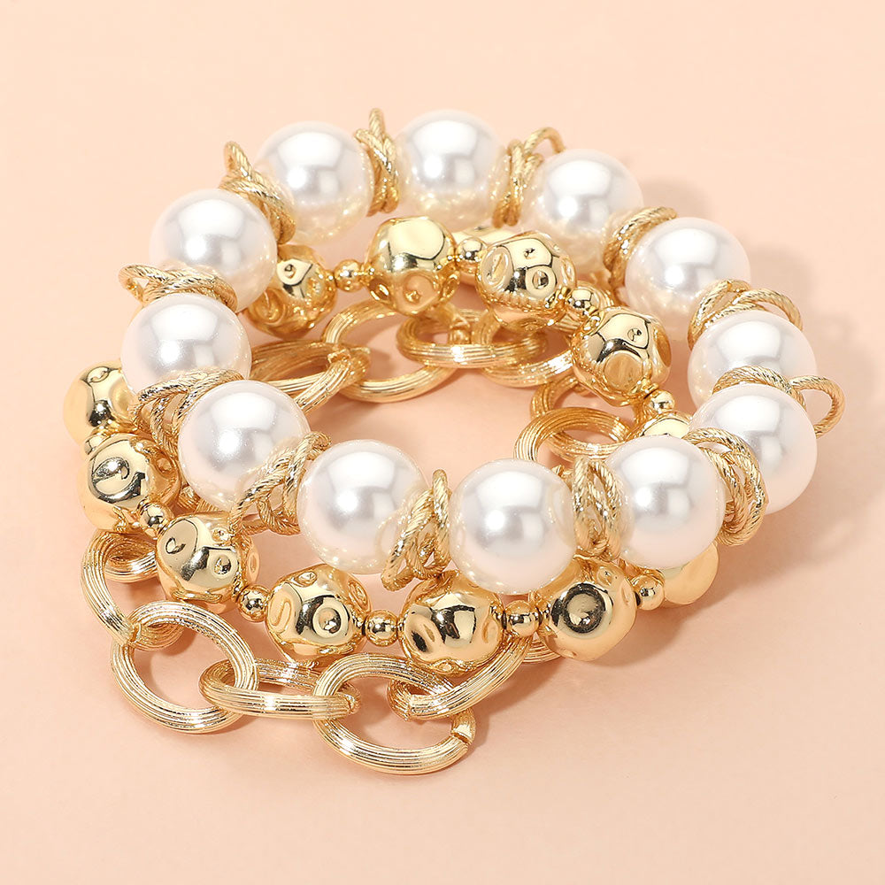 3PCS - Chunky Pearl Hammered Metal Ball Beaded Stretch Textured Oval Link Toggle Multi Layered Bracelets