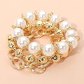 3PCS - Chunky Pearl Hammered Metal Ball Beaded Stretch Textured Oval Link Toggle Multi Layered Bracelets