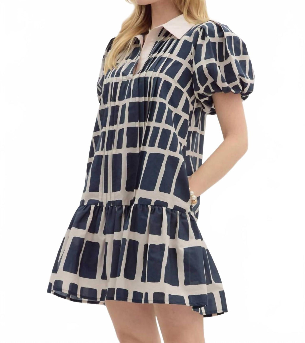 Abstract Print Short Bubble Sleeve Mini Dress In Blue