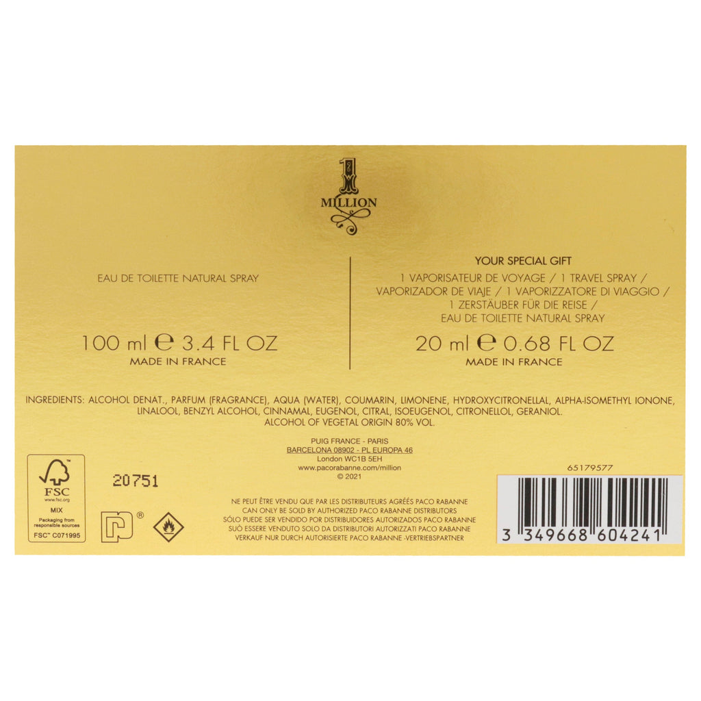 1 Million by Paco Rabanne for Men - 2 Pc Gift Set 3.4oz EDT Spray, 0.68oz EDT Spray