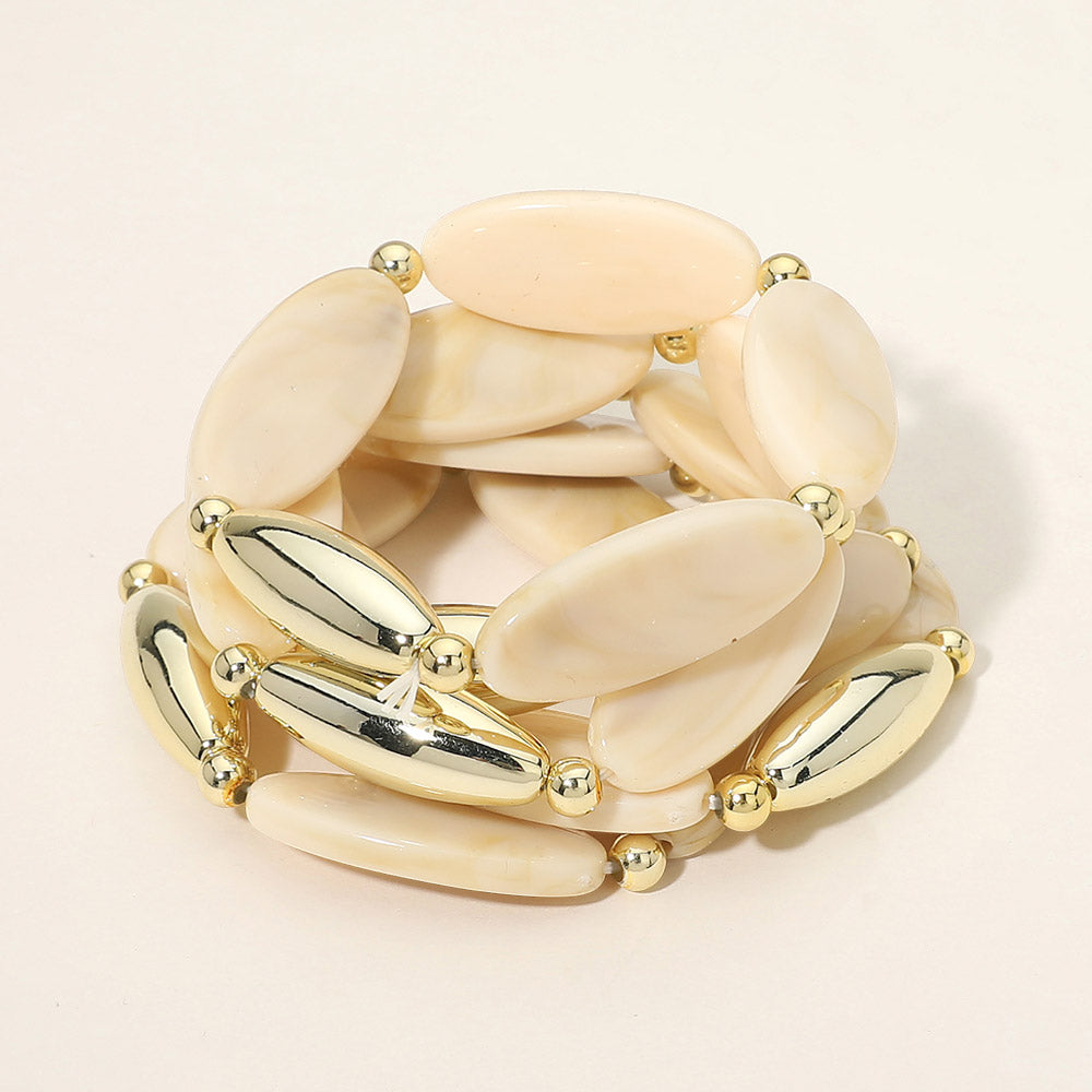 5PCS - Marquise Flat Resin Puffy Metal Beaded Stretch Multi Layered Bracelets