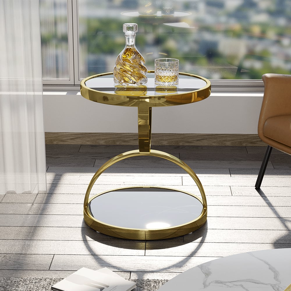 20" Round Tempered Glass Gold Side Table