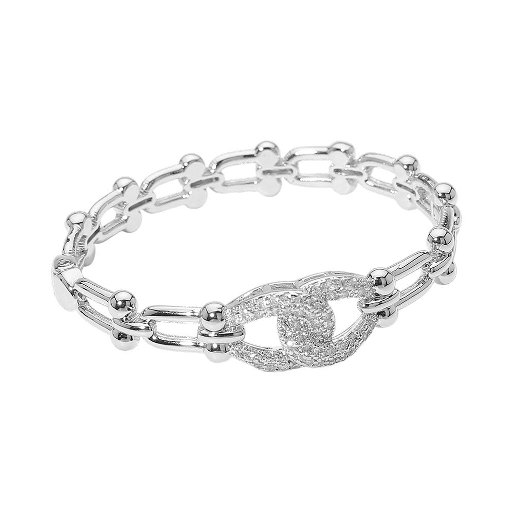 14K Gold Plated CZ Pave Link Centerpiece Industrial Chain Link Hinged Bangle Bracelet