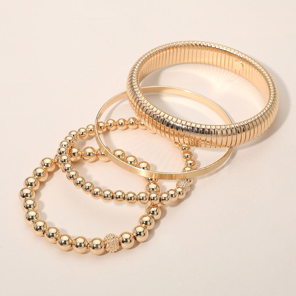 4PCS - Metal Ball Beaded Stretch Ribbed Bangle Multi Layered Bracelets