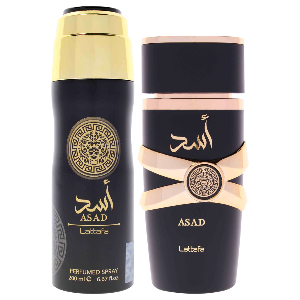 Asad by Lattafa for Unisex - 2 Pc Gift Set 3.4oz EDP Spray, 6.7oz Deodorant Spray