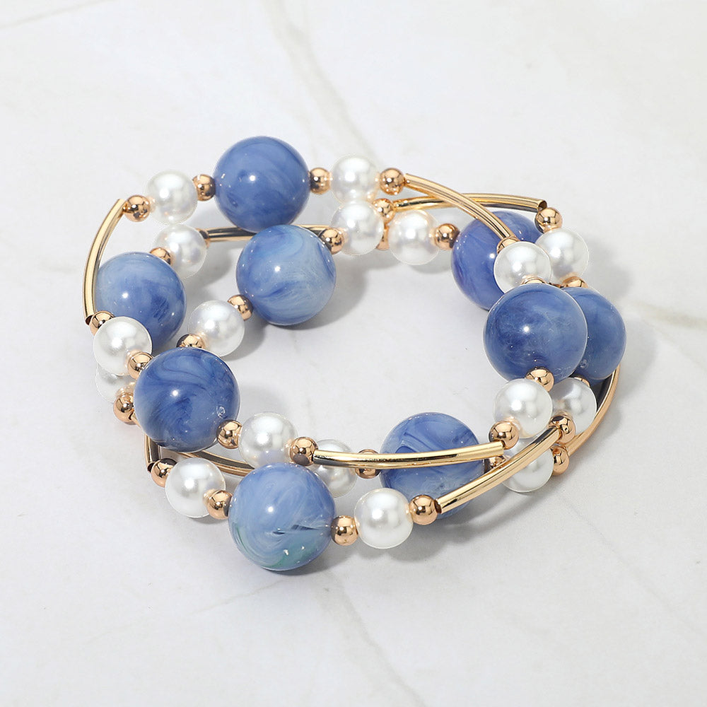 3PCS - Marbled Ball Pearl Metal Bar Beaded Stretch Multi Layered Bracelets