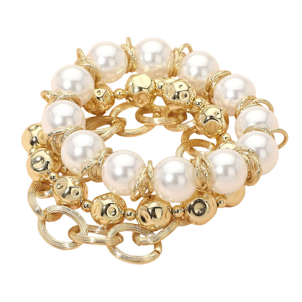 3PCS - Chunky Pearl Hammered Metal Ball Beaded Stretch Textured Oval Link Toggle Multi Layered Bracelets