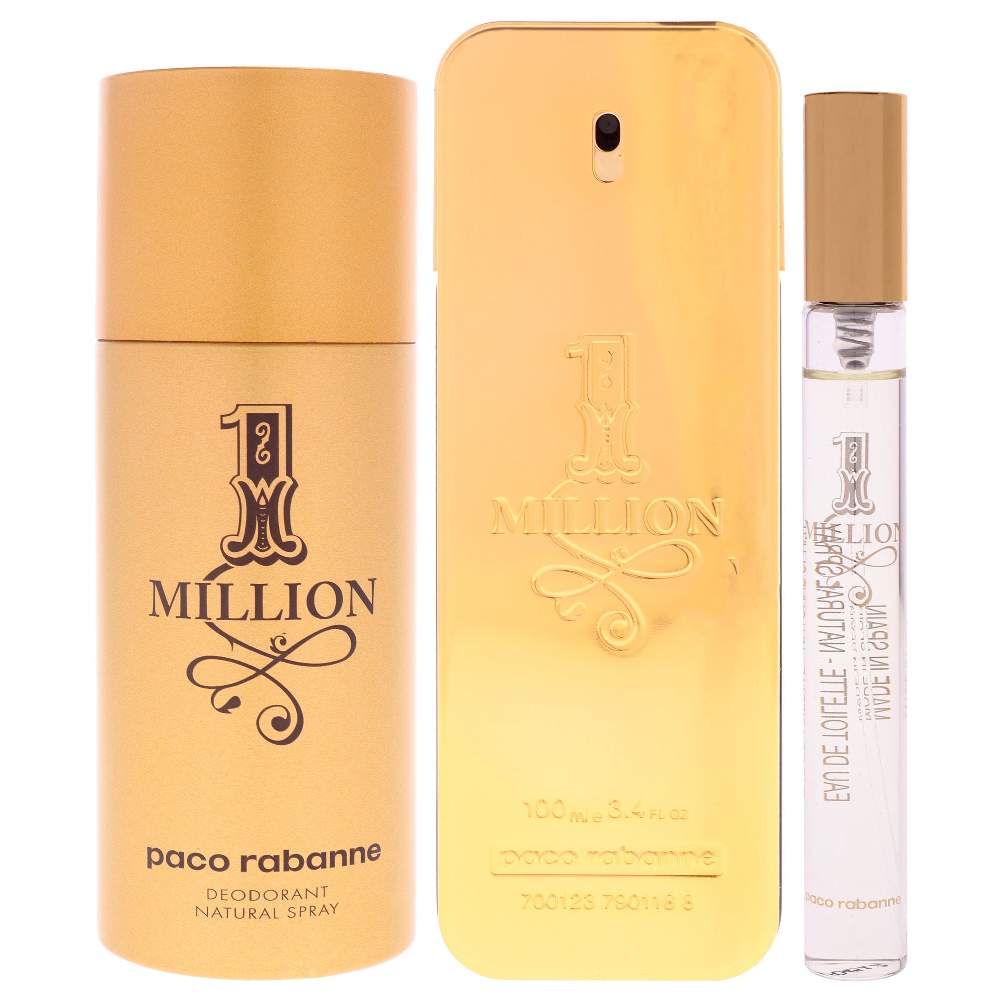 1 Million by Paco Rabanne for Men - 3 Pc Gift Set 3.4oz EDT Spray, 0.34oz EDT Spray (Mini), 5.1oz Deodrant Spray