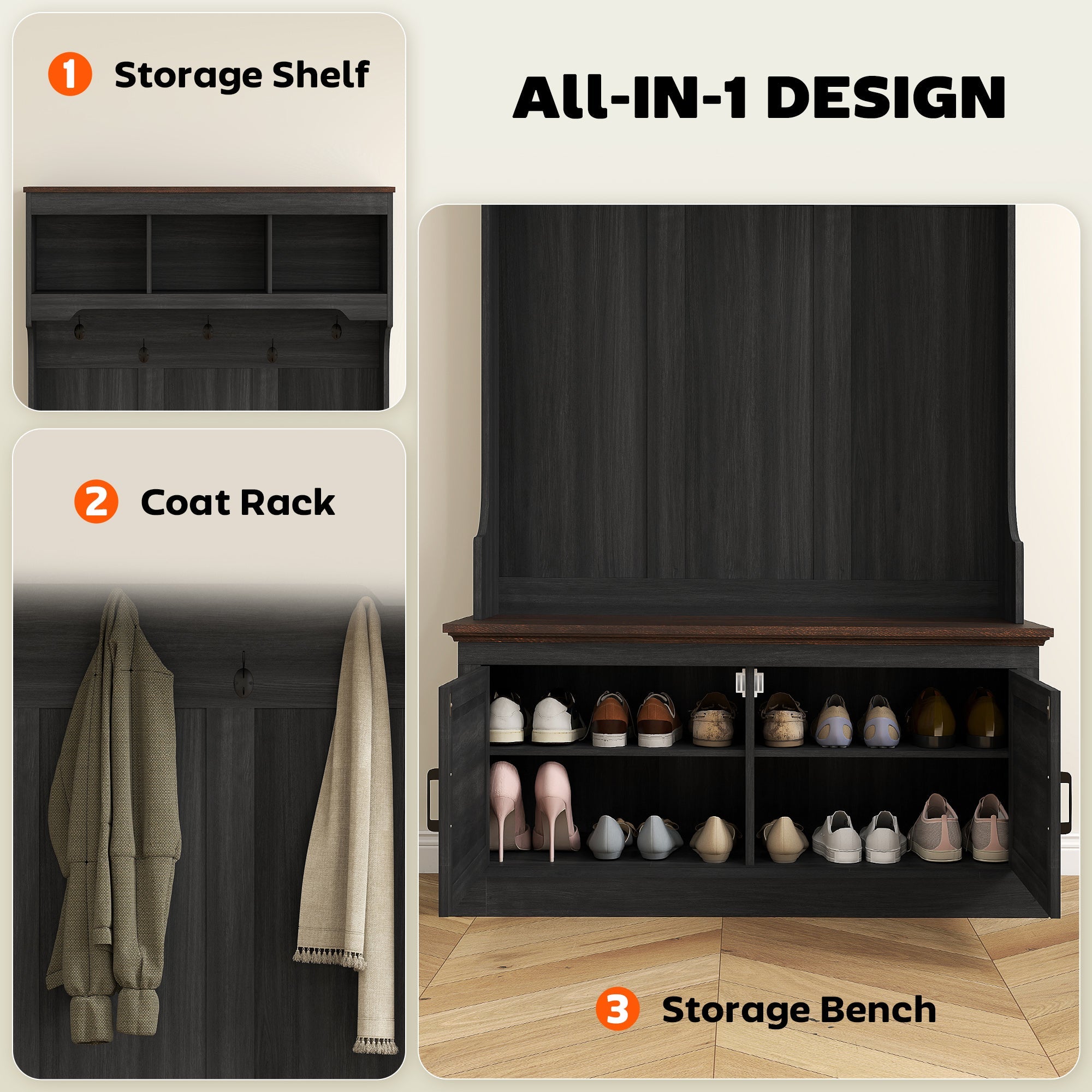 3-in-1 Entryway Hall Tree with Bench and Shoe Storage