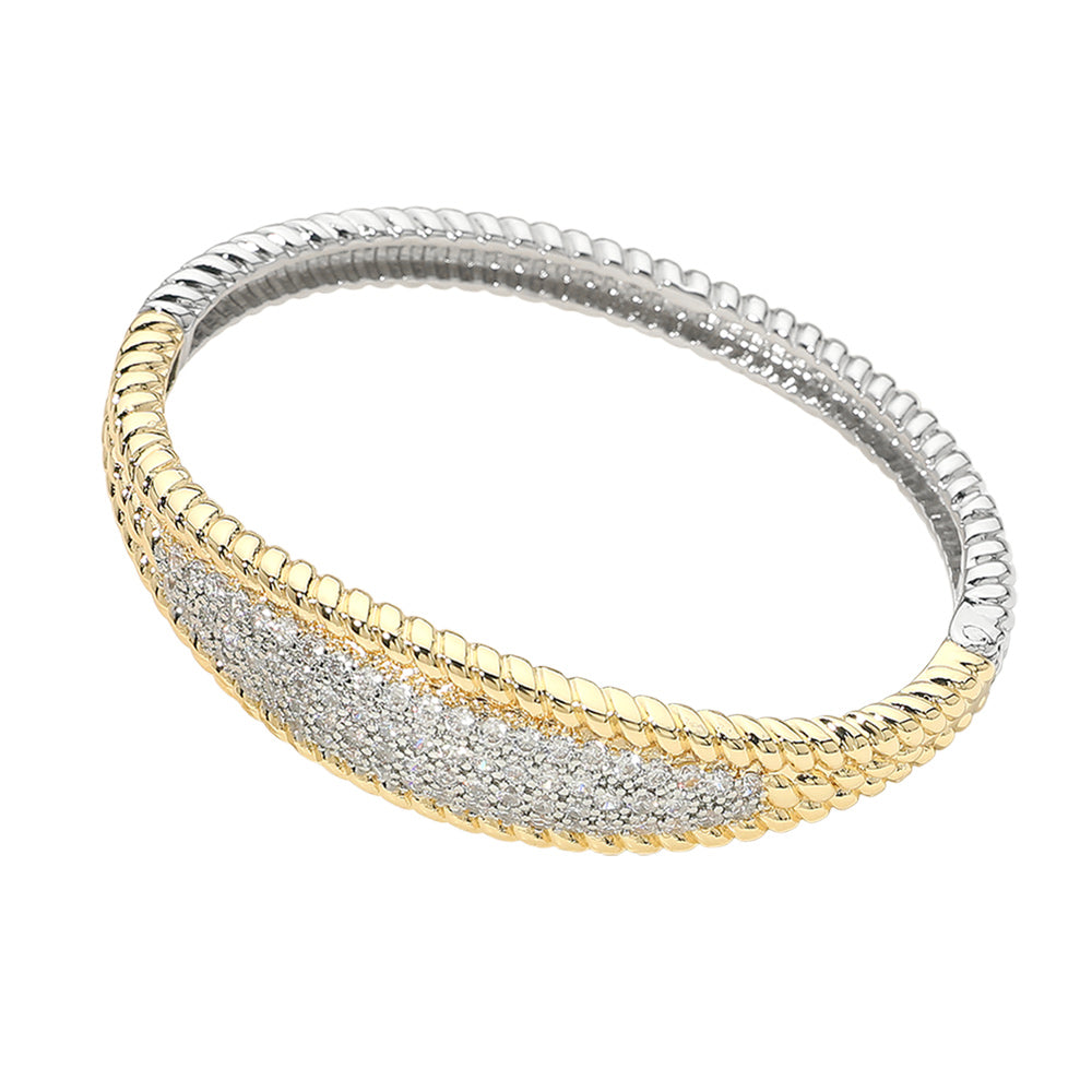 14K Gold Plated Two Tone CZ Pave Center Hinged Bangle Bracelet