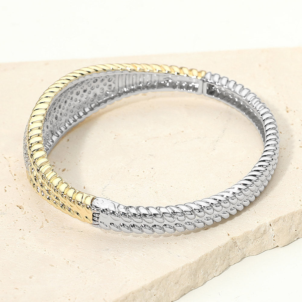 14K Gold Plated Two Tone CZ Pave Center Hinged Bangle Bracelet