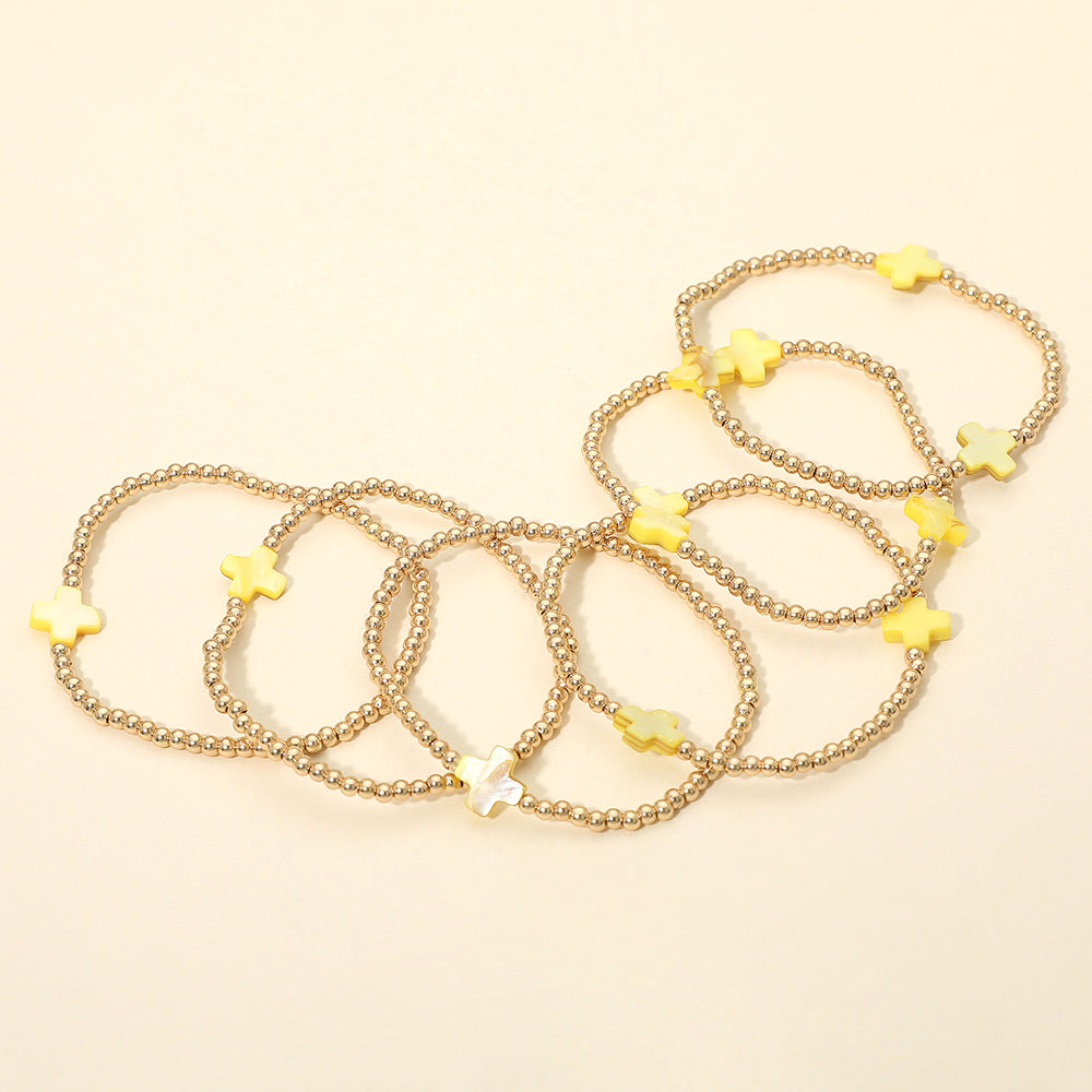 6PCS - Cross Charm Metal Ball Beaded Stretch Multi Layered Bracelets