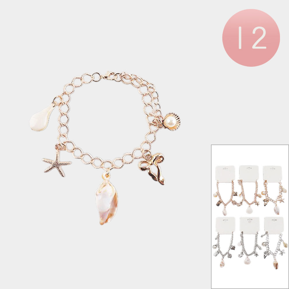12PCS - Pearl Shell Starfish  Bow Charm Station Bracelets