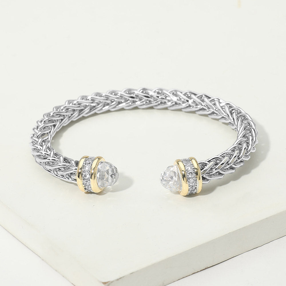 14K Gold Plated Two Tone CZ Tip Braided Cuff Bracelet