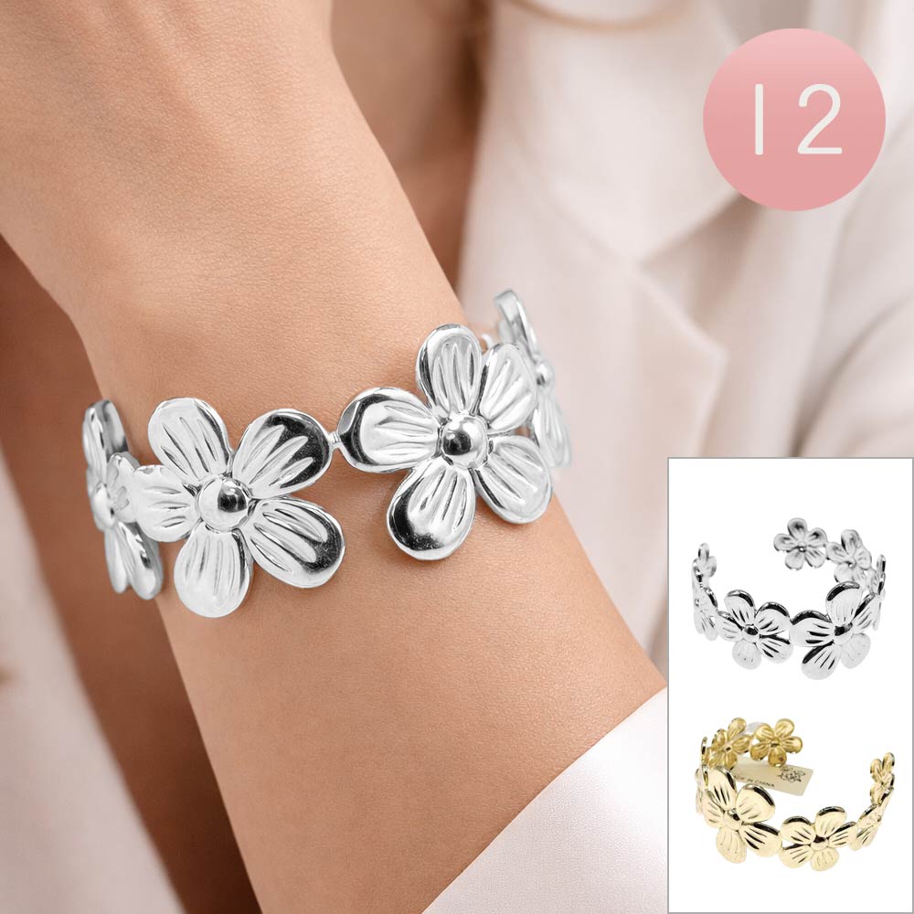 12PCS - Textured Metal Flower Link Cuff Bracelets