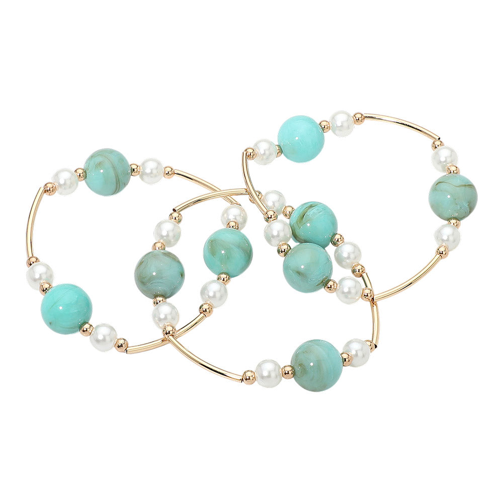 3PCS - Marbled Ball Pearl Metal Bar Beaded Stretch Multi Layered Bracelets