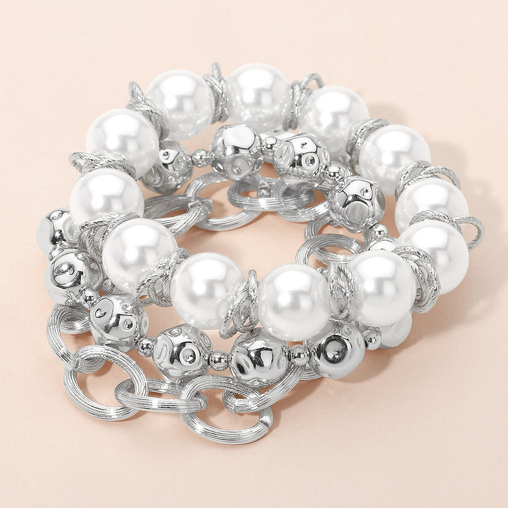 3PCS - Chunky Pearl Hammered Metal Ball Beaded Stretch Textured Oval Link Toggle Multi Layered Bracelets